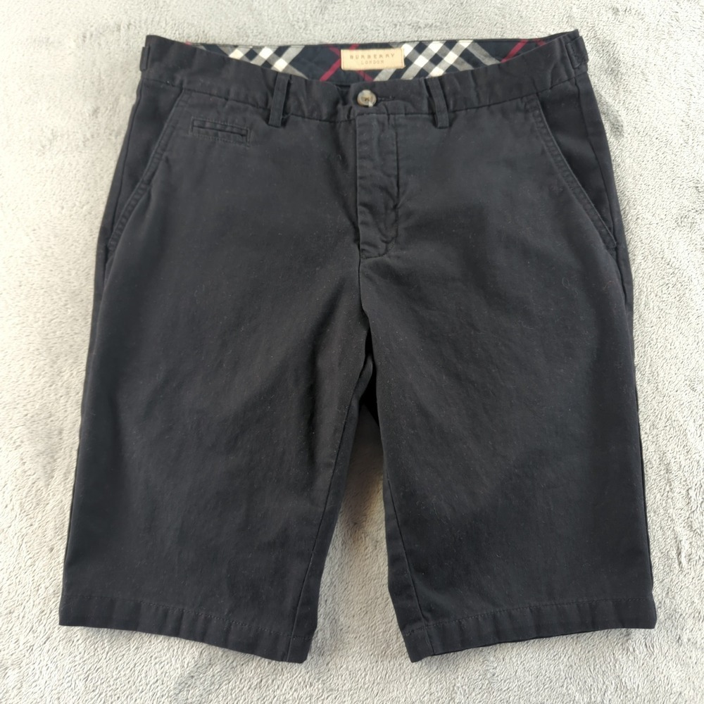 Burberry London Chino Shorts Mens 32 Black Flat Front Nova Check Trim Logo